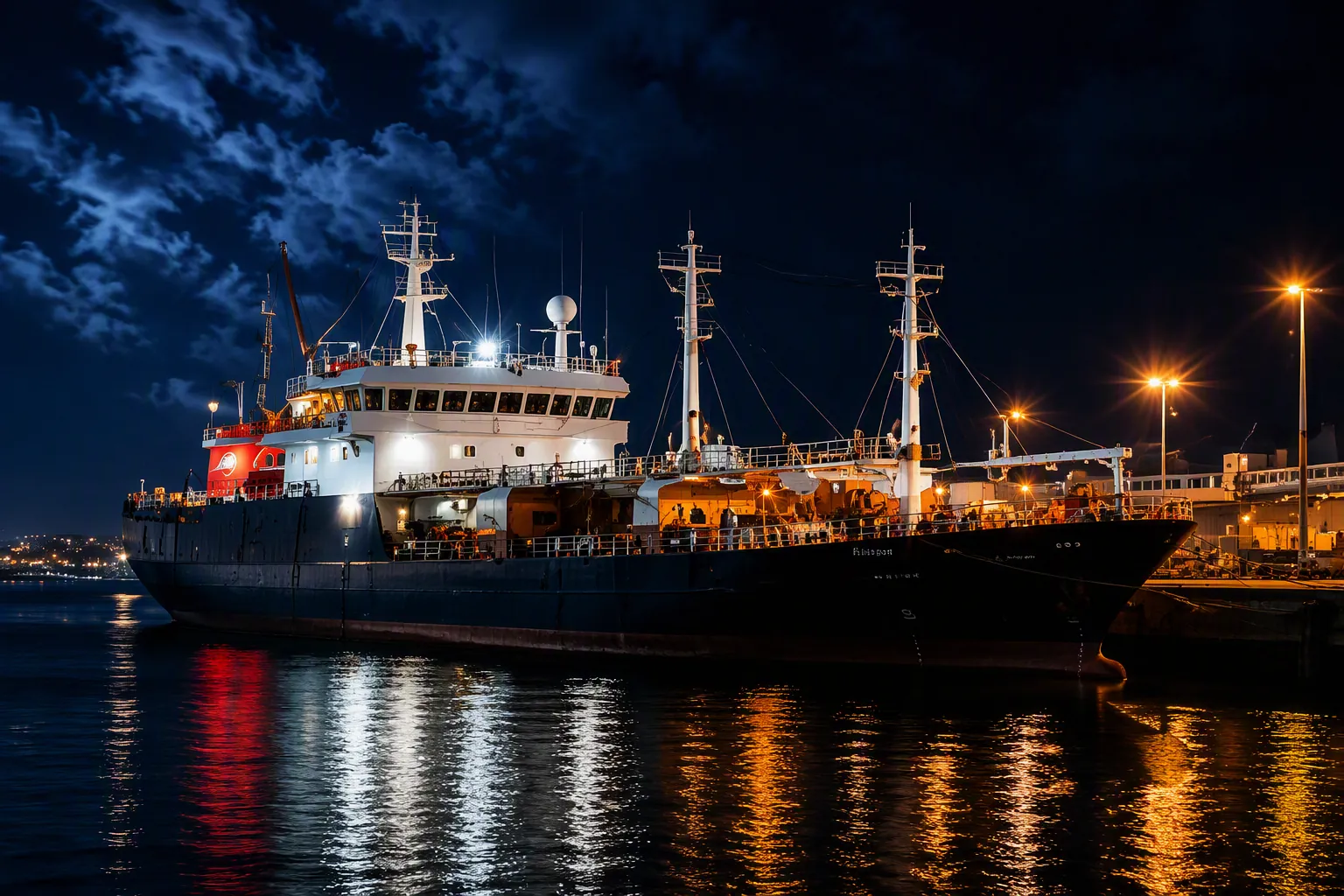 Buque pesquero iluminado en el puerto de noche, listo para zarpar