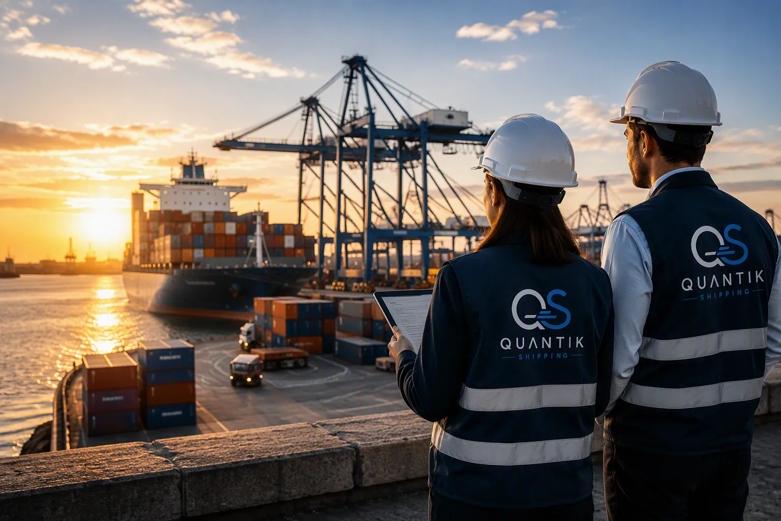 Dos integrantes del equipo de Quantik Shipping supervisan una terminal portuaria al atardecer