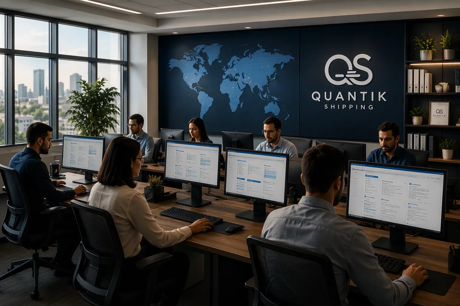 Equipo de Quantik trabajando en la oficina frente a un mapa de rutas